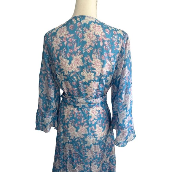 HANNAH Artwear Blue Floral 100% Silk Midi Wrap Dress One / Free Size - Picture 3 of 15